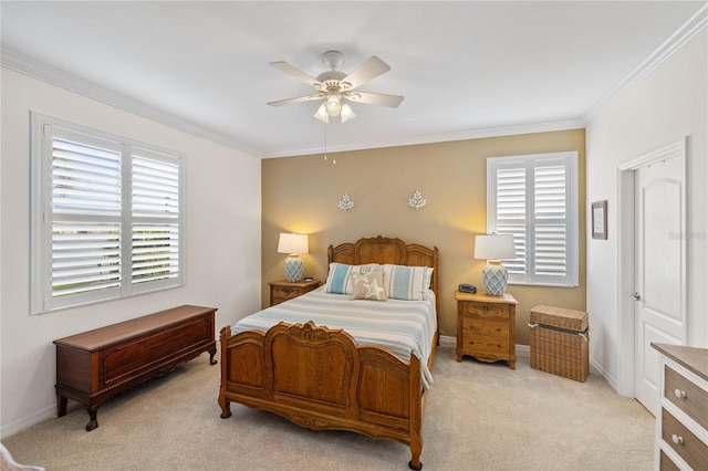 bedroom featuring light colored carpet, multiple windows, and ornamental molding