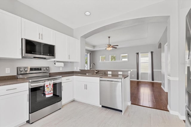 kitchen featuring a sink, a tray ceiling, a healthy amount of sunlight, and stainless steel appliances