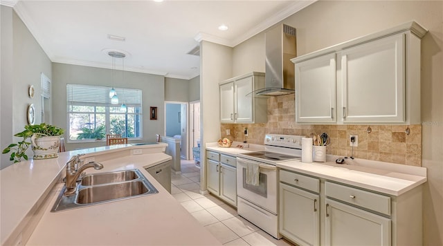 kitchen with a sink, white electric stove, light tile patterned flooring, wall chimney range hood, and decorative backsplash