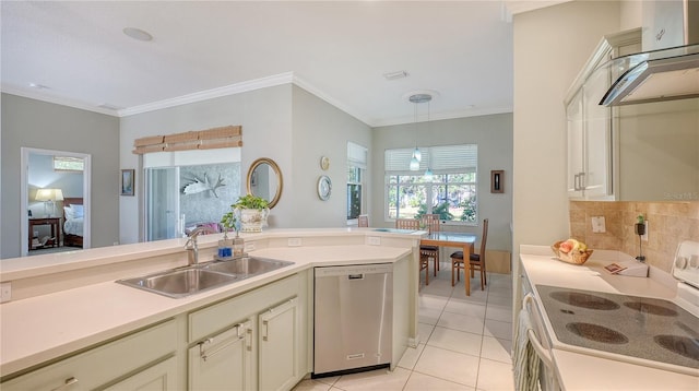 kitchen featuring light tile patterned floors, a sink, electric stove, stainless steel dishwasher, and crown molding