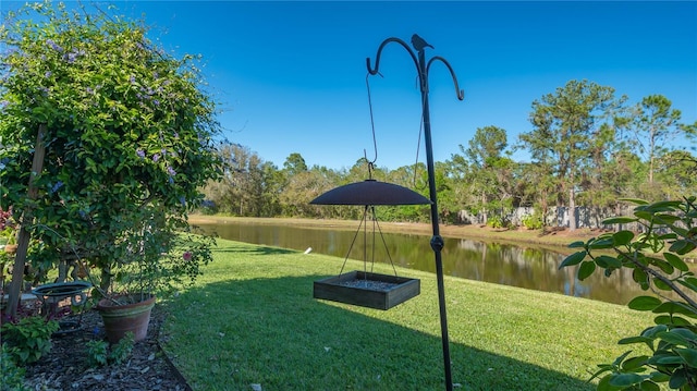 view of community with a lawn and a water view