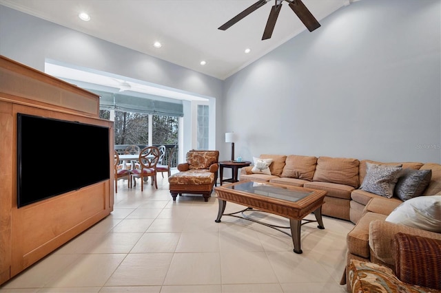 living area featuring light tile patterned floors, high vaulted ceiling, recessed lighting, ornamental molding, and ceiling fan