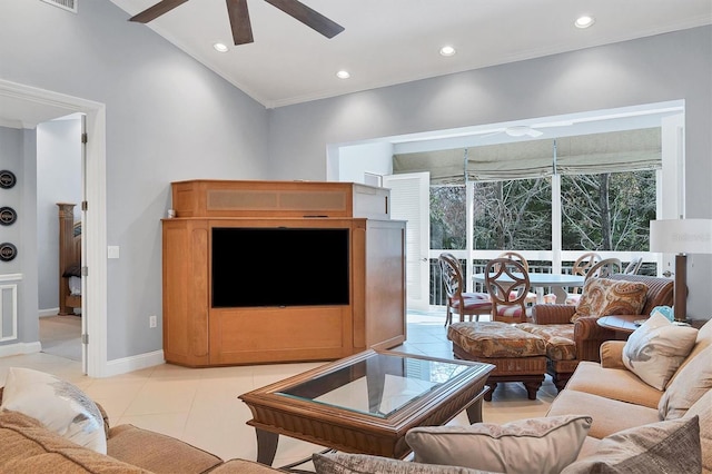 living room with vaulted ceiling, light tile patterned floors, ornamental molding, recessed lighting, and a ceiling fan