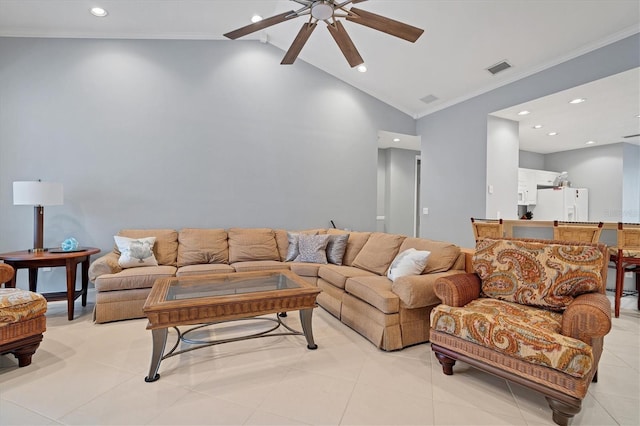 living area featuring visible vents, lofted ceiling, ceiling fan, and crown molding