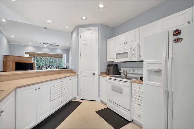 kitchen featuring white cabinetry, recessed lighting, white appliances, light countertops, and ceiling fan