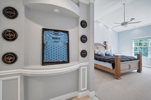 bedroom with ceiling fan, recessed lighting, carpet floors, and ornamental molding