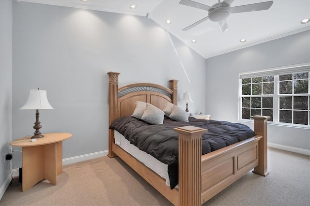 bedroom featuring recessed lighting, baseboards, light colored carpet, and crown molding