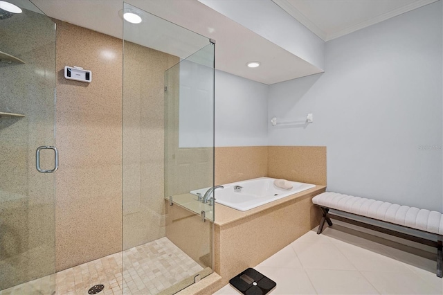 bathroom with tile patterned flooring, a bath, a stall shower, and ornamental molding