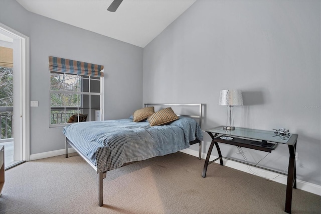 carpeted bedroom featuring vaulted ceiling, access to outside, baseboards, and ceiling fan