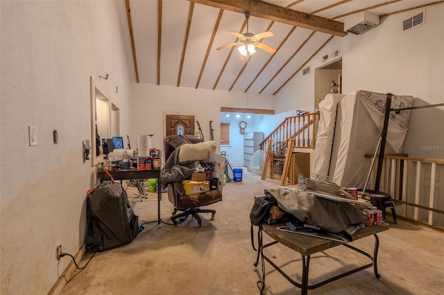 living area featuring visible vents, concrete floors, high vaulted ceiling, ceiling fan, and beamed ceiling