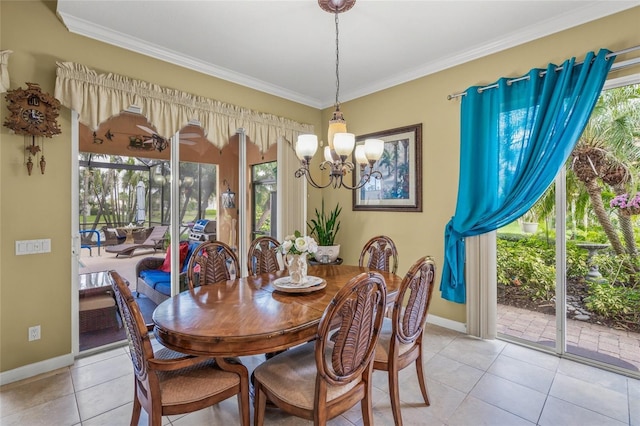 dining area featuring crown molding, light tile patterned floors, and baseboards