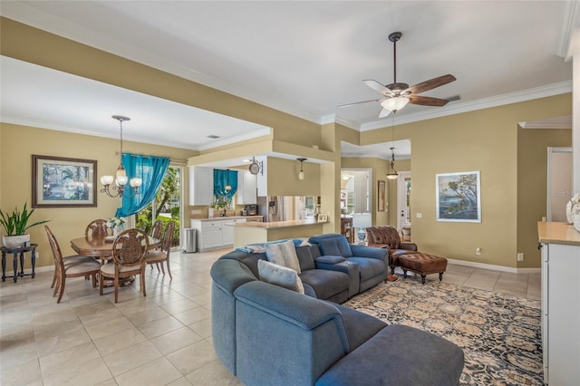 living area featuring light tile patterned floors, ceiling fan with notable chandelier, baseboards, and ornamental molding