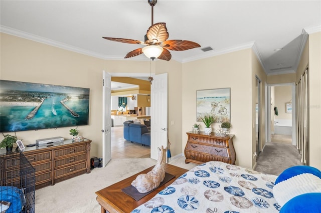 bedroom with a ceiling fan, carpet, visible vents, and ornamental molding