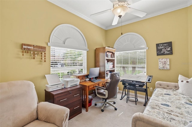 office featuring crown molding, a ceiling fan, and light carpet