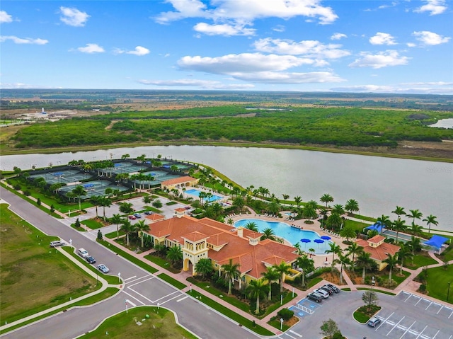 drone / aerial view with a water view