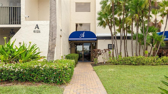 view of exterior entry featuring stucco siding and a lawn