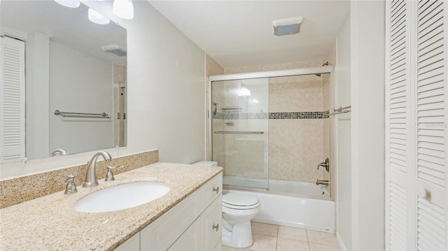 full bath with tile patterned floors, a closet, toilet, and vanity