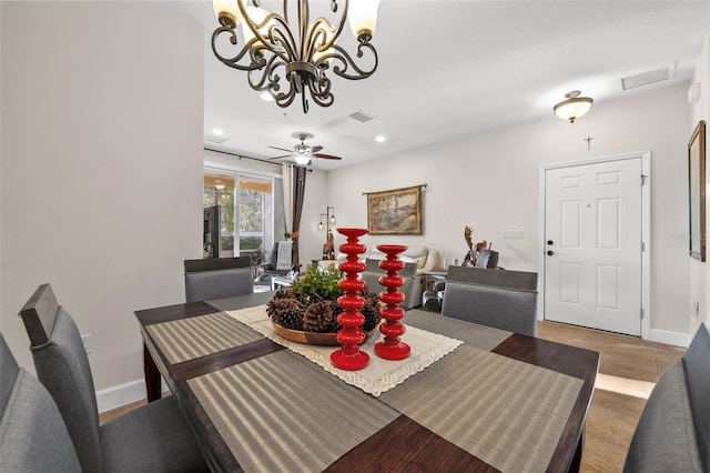 dining room with ceiling fan with notable chandelier, recessed lighting, baseboards, and visible vents