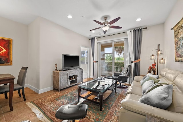 tiled living area with recessed lighting, baseboards, and a ceiling fan