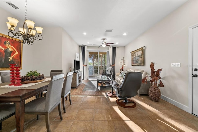 dining space featuring recessed lighting, visible vents, baseboards, and tile patterned flooring