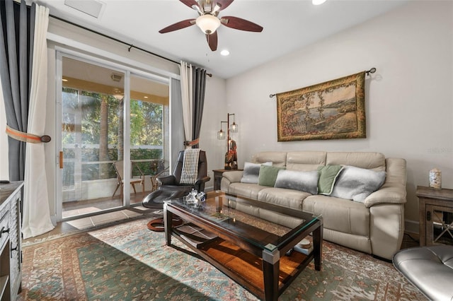 living room featuring recessed lighting and ceiling fan