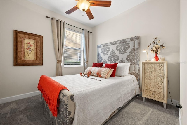 bedroom with baseboards, a ceiling fan, and carpet flooring