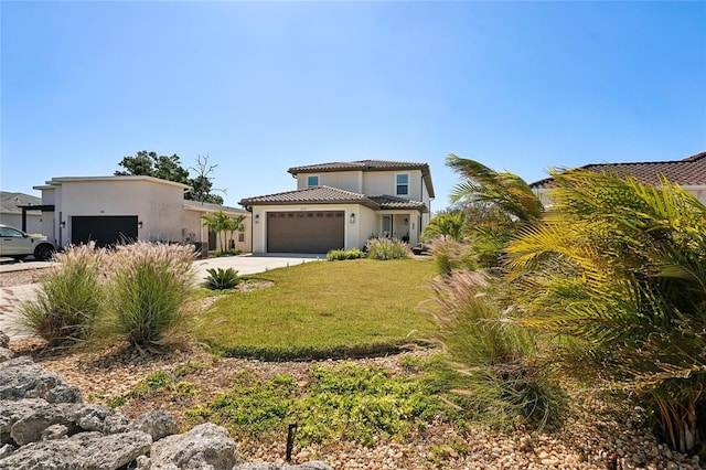 view of front facade featuring stucco siding, an attached garage, concrete driveway, and a front lawn