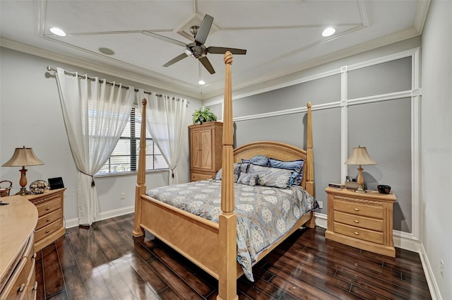 bedroom featuring baseboards, a ceiling fan, dark wood finished floors, and crown molding