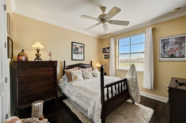 bedroom featuring ceiling fan, dark wood-type flooring, baseboards, and ornamental molding