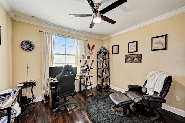 office with baseboards, ceiling fan, dark wood-style flooring, and crown molding