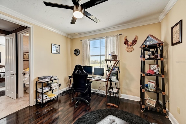 office with ornamental molding, ceiling fan, baseboards, and wood-type flooring