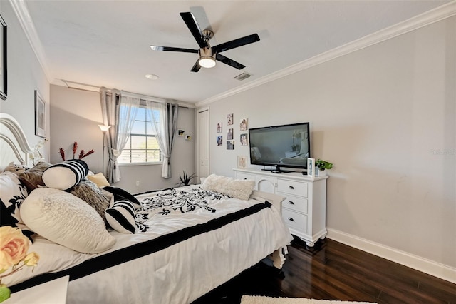 bedroom featuring baseboards, visible vents, ceiling fan, ornamental molding, and dark wood-type flooring