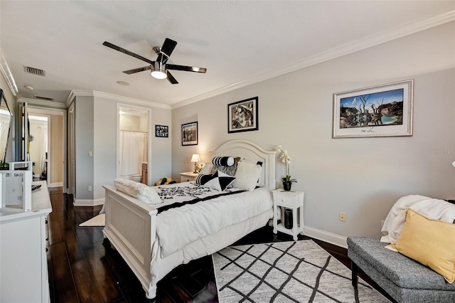 bedroom featuring visible vents, baseboards, ceiling fan, dark wood-type flooring, and crown molding