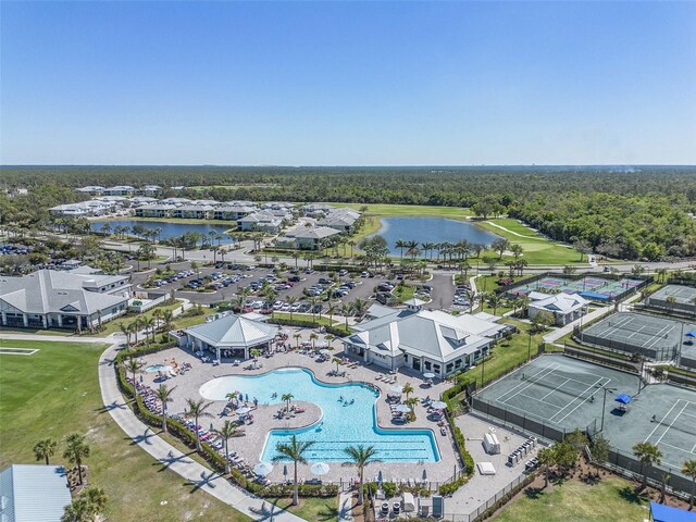 drone / aerial view with a water view