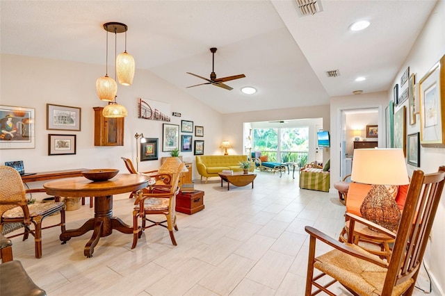 interior space featuring recessed lighting, visible vents, lofted ceiling, and ceiling fan