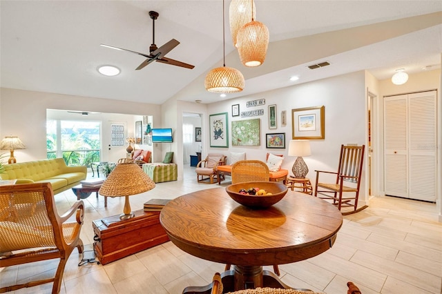 interior space with recessed lighting, visible vents, ceiling fan, and lofted ceiling