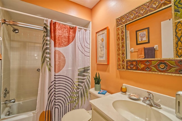 bathroom featuring toilet, vanity, and shower / bathtub combination with curtain