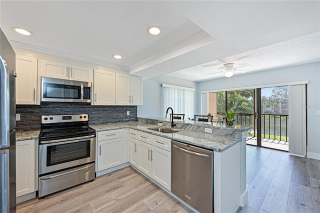 kitchen featuring a sink, backsplash, white cabinetry, stainless steel appliances, and a peninsula