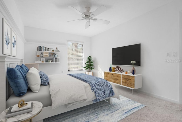 carpeted bedroom with baseboards and ceiling fan