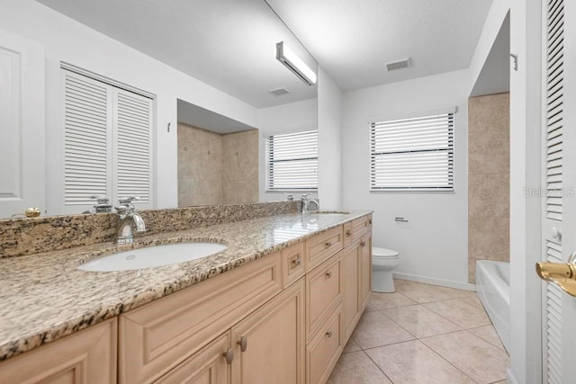 full bath with tile patterned floors, visible vents, toilet, and a sink