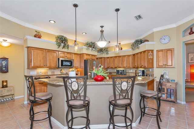 kitchen featuring ornamental molding, light tile patterned flooring, tasteful backsplash, and stainless steel appliances