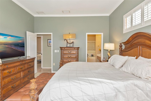 bedroom with visible vents, ensuite bathroom, and crown molding