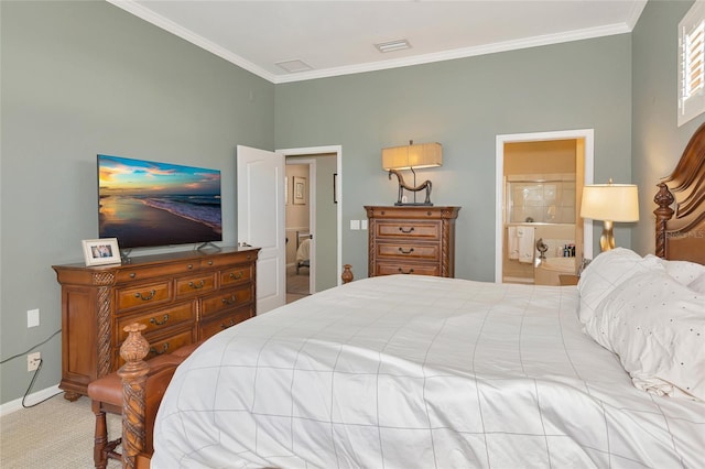 carpeted bedroom featuring visible vents, baseboards, connected bathroom, and crown molding