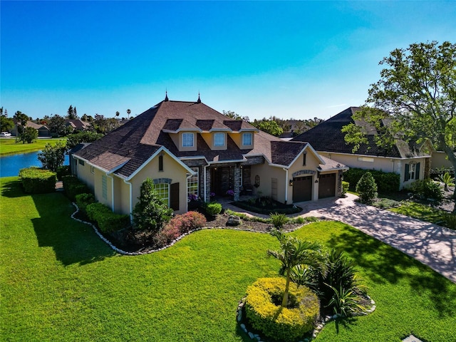 view of front of house featuring stucco siding, an attached garage, driveway, and a front lawn