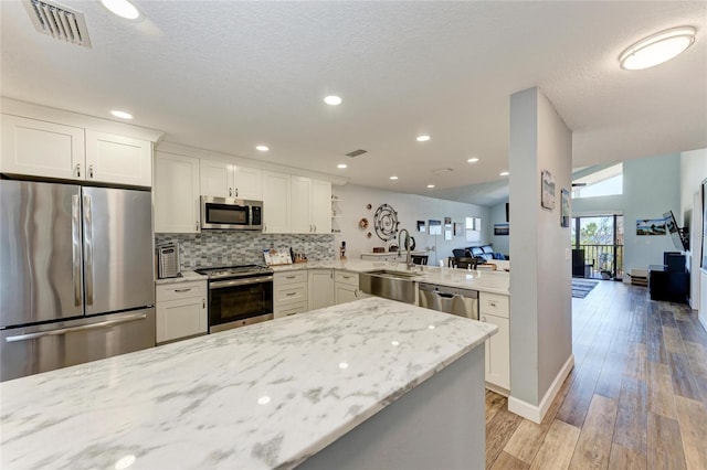 kitchen featuring visible vents, light wood finished floors, a sink, stainless steel appliances, and backsplash