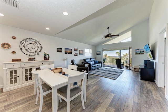 dining space with visible vents, a ceiling fan, a textured ceiling, recessed lighting, and light wood-style floors