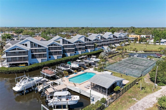 aerial view featuring a water view