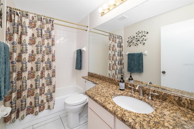 bathroom with vanity, visible vents, tile patterned flooring, shower / bath combination with curtain, and toilet