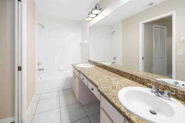 bathroom with tile patterned flooring, visible vents, shower / bathtub combination, and a sink