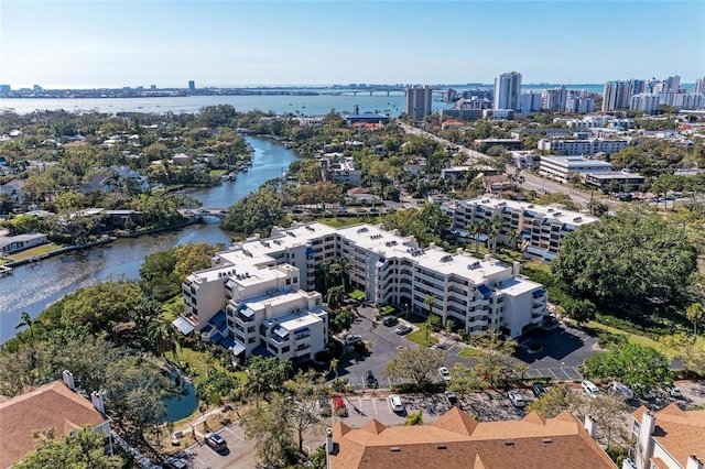 aerial view with a water view and a view of city